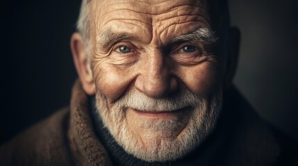 Fototapeta premium An elderly man with a gentle, kind smile sits serenely, suggesting wisdom and warmth.