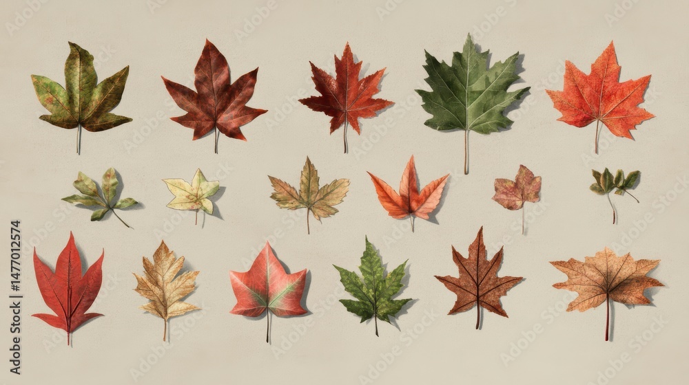 Poster collection of various autumn maple leaves in different colors and shades isolated on beige backgroun