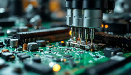 Robotic arm places components on circuit board with precision and detail.








