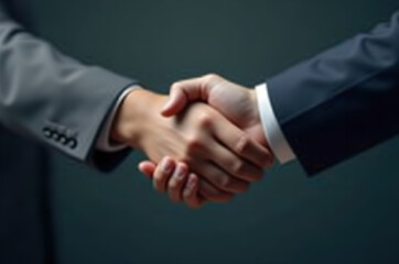 Two happy diverse professional business men leaders shaking hands at office meeting. Smiling businessman standing greeting partner with handshake. Leadership, trust, partnership concept, generative ai