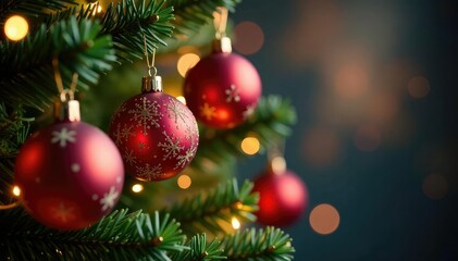 Obraz premium Sparkling Christmas tree ornaments hanging on a decorated tree branch , glitter, silver, shiny