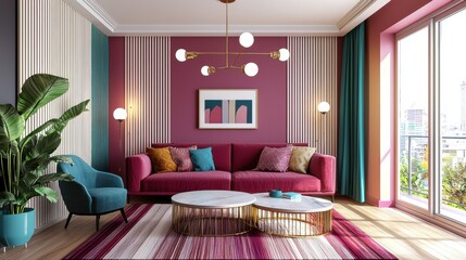 Japandi contemporary living room, compact space, all elements in rich raspberry color walls, sofa, curtains, rug, flooring, contrast turquoise lighting