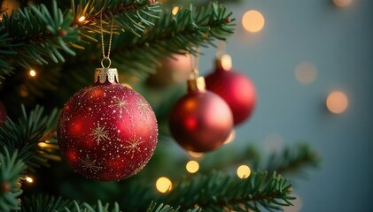 Sparkling Christmas tree ornaments hanging on a decorated tree branch , golden ornament, image