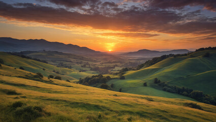 Fototapeta premium Serene Sunset Over Rolling Green Hills and Distant Mountains. A breathtaking view of rolling green hills illuminated by the golden light of sunset, framed perfectly by distant mountains.