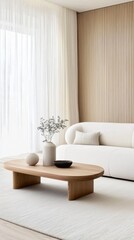 Japandi vertical lounge, white modular sofa, paneled wall, soft sheer curtain, low wood coffee table