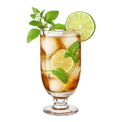 Fototapeta premium Refreshing iced tea drink with lime and mint on a white isolated background.