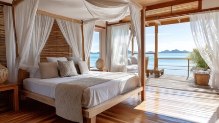 Open hotel room in Madagascar with canopy bed, natural wood interior, curtains blowing, view of ocean beyond balcony