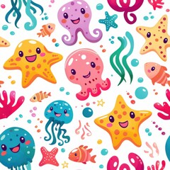 seamless pattern of adorable cartoon marine animals, colorful seaweed and coral, pastel background