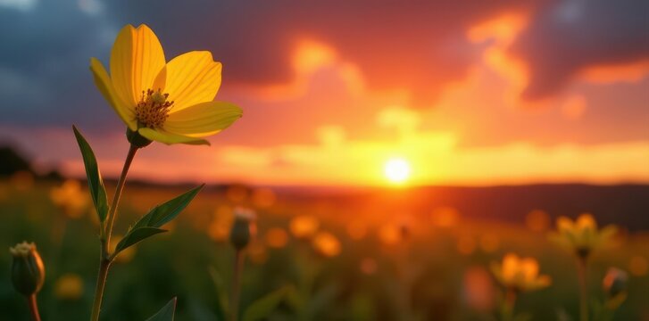Solitary yellow Biscutella auriculata against fiery sunset sky , blinders biscutella, bloom, plant