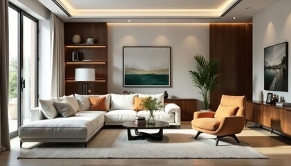 Stylish living room with modern furniture and decor, showcasing elegant interior design , color, accent, bookshelf