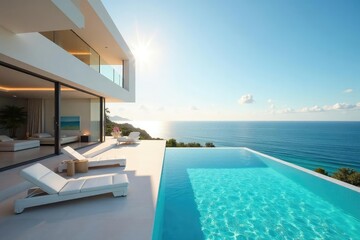 Fototapeta premium Sun-drenched modern villa with infinity pool overlooking ocean Architectural marvel, luxury home , idyllic, sky, vacation home