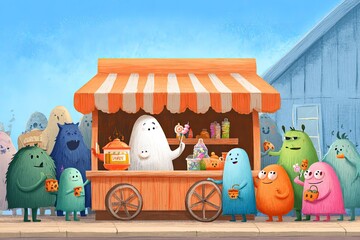 A cartoon scene with a Halloween pun a trick-or-treat lemonade stand run by a friendly ghost selling candy, with cute monsters lined up as customers, bright and cheerful