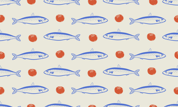 Vector hand-drawn seamless pattern with sardines and tomatoes. Perfect for wrapping paper, packaging, fabric, and textile design. Mediterranean summer illustration.