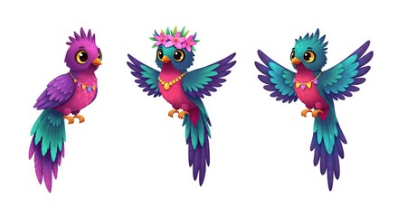 Fototapeta premium Three Colorful Cartoon Birds Tropical Design Element