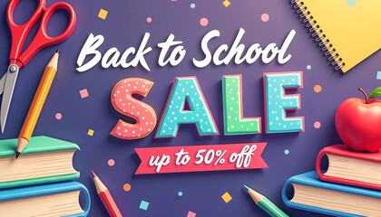 Back to School Sale promotional poster featuring colorful stationery items on a vibrant purple background, cheerful shopping concept