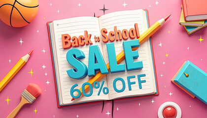 Colorful "Back to School" sale advertisement featuring vibrant text and playful items on a bright pink background, energetic shopping concept.