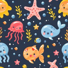 seamless pattern of adorable cartoon marine animals, colorful seaweed and coral, pastel background