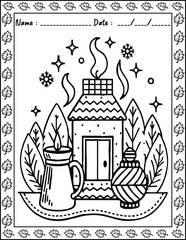 Hygge Place Coloring Pages For Kid and adult.  High resolution (300 DPI), ready to print on standard 8.5x11 inch paper With No Bleed, Black and White Vector illustration AI, EPS, PNG, JPEG.