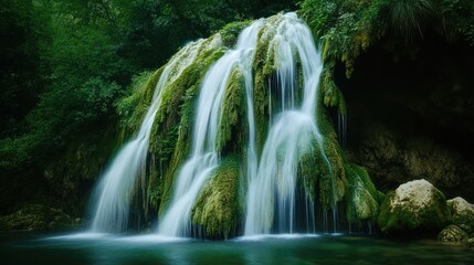 Obraz premium Waterfall cascading over rocks in green forest