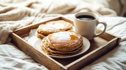 Delicious pancakes with coffee served on a tray in a cozy setting
