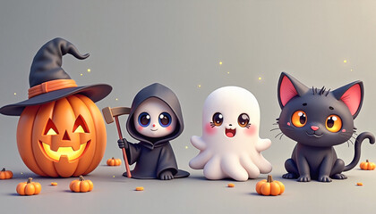 Obraz premium Four cute Halloween characters including a grinning jack-o'-lantern, mini grim reaper, round-eyed ghost, and black cat-pumpkin hybrid on a neutral gray background, playful autumn celebration.