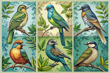 Birds. Set of vector posters with birds. Engraving illustrations and typography