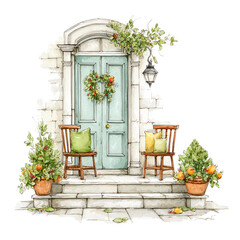 Fototapeta premium Watercolor painting shows a charming home entrance with seasonal decorations