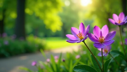 Vibrant purple flowers blooming in a lush green park , beauty, daytime, park