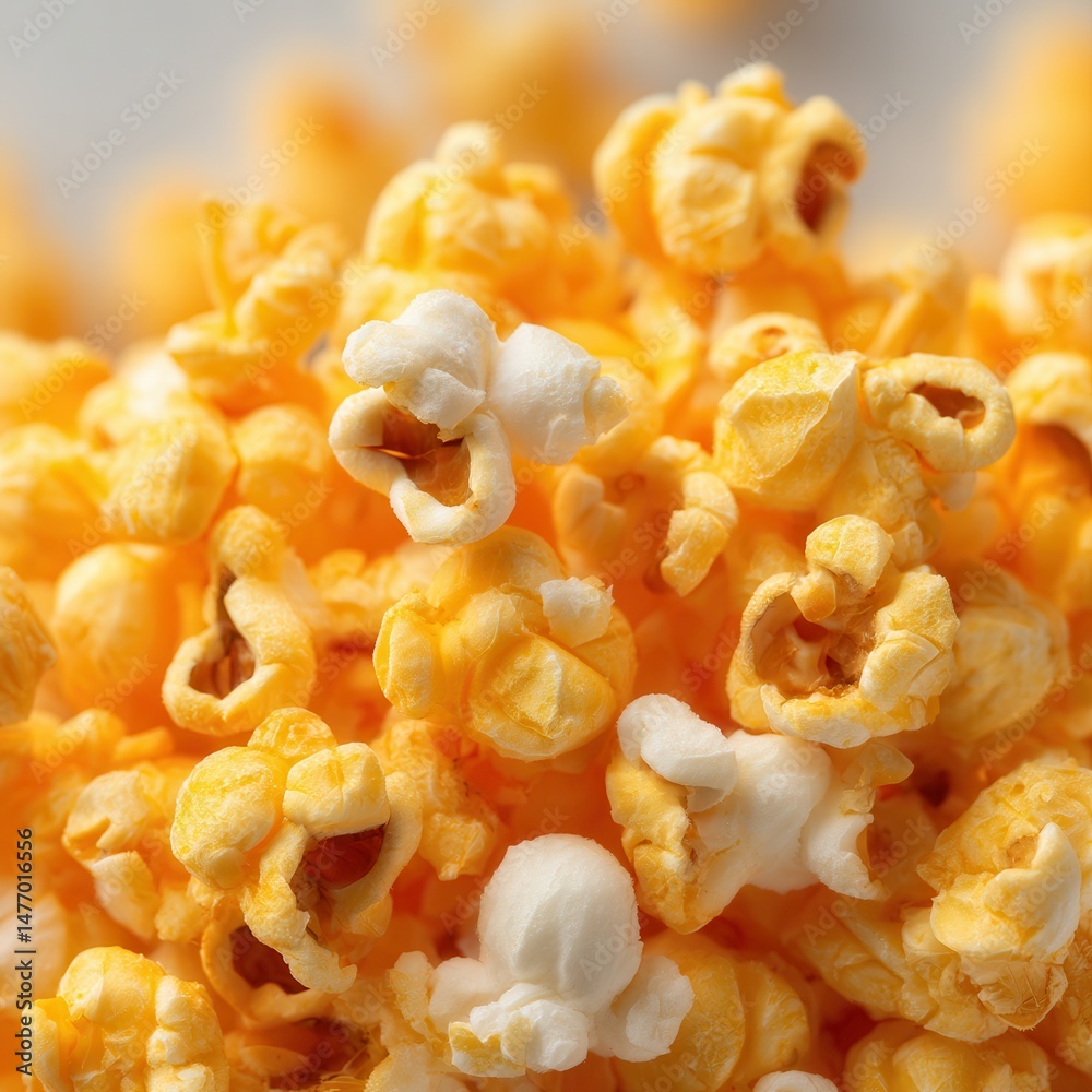 Poster close-up shot of freshly popped popcorn, capturing its irresistible texture and inviting colors for 