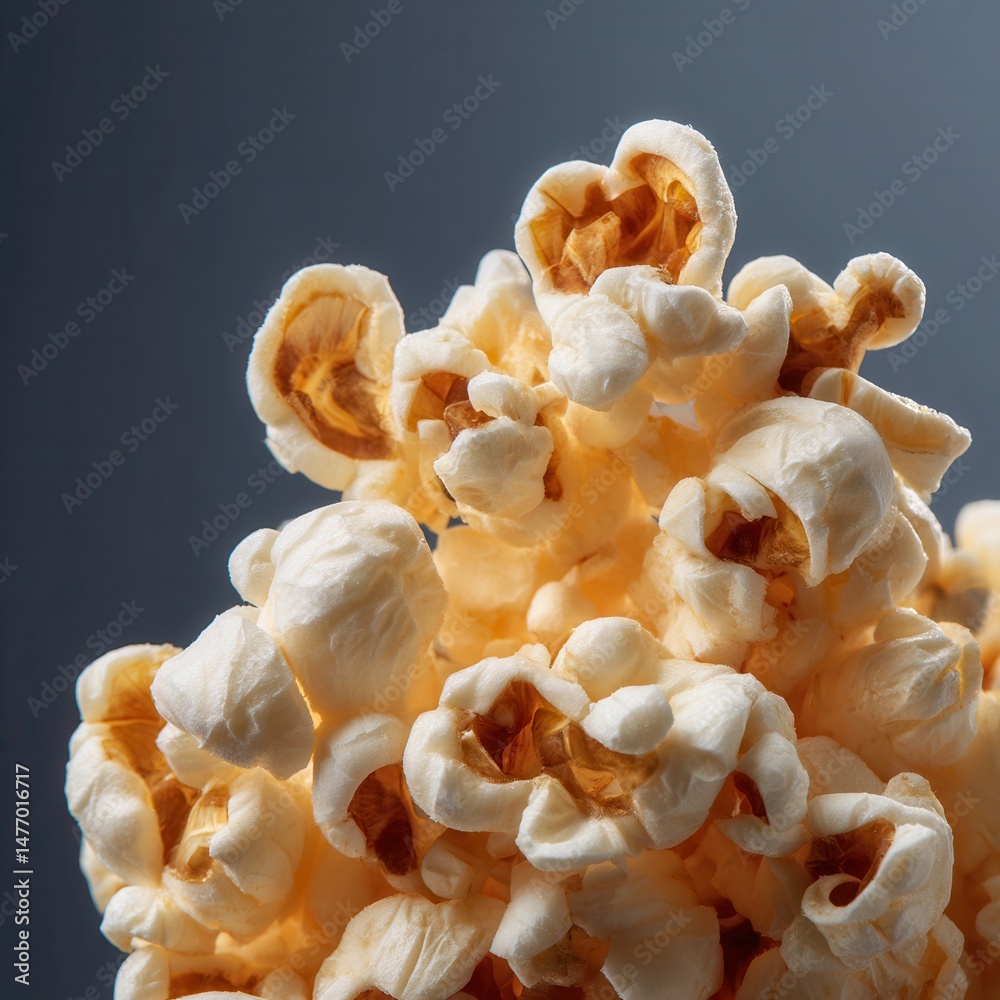 Leinwandbilder Macro shot of fresh popcorn showing texture and color. Warm lighting against a dark background emphasizes details and adds depth to the image.