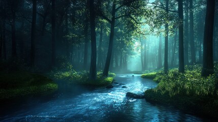 Naklejka premium A glowing river flowing through an enchanted dark forest