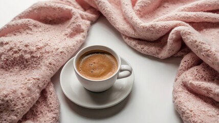 Cup of coffee, pink blanket, cotton flowers on white background. Flat lay, top view, copy space