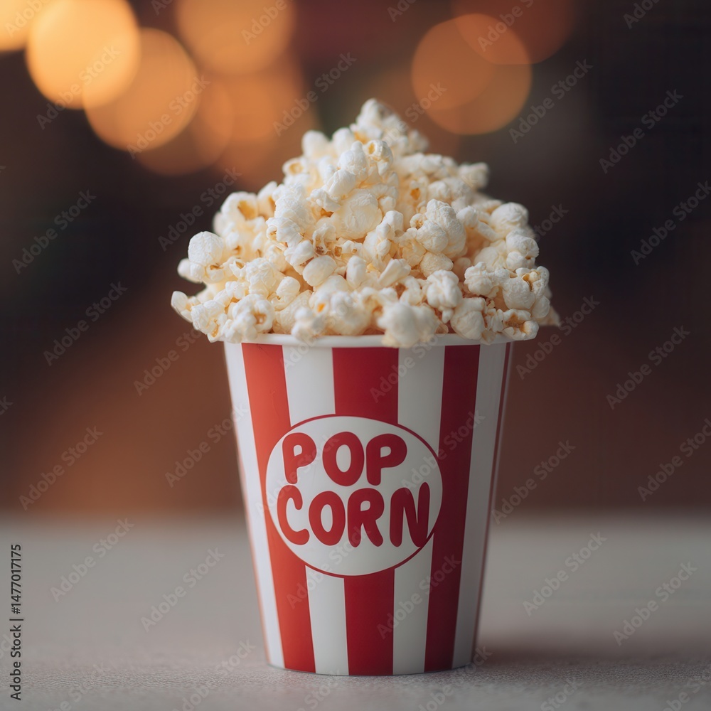 Poster A container overflowing with freshly popped popcorn. The background lights add a warm atmosphere, making it ideal for a movie night.