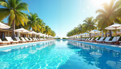 Long swimming pool with sparkling water under bright blue sky and lined with palm trees and sunbeds, serene resort paradise concept.