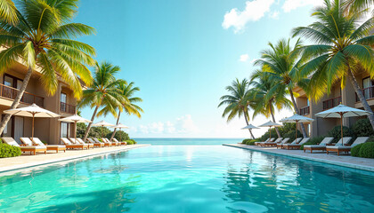 Obraz premium Infinity pool in a tropical resort with palm trees and sunbeds under a clear blue sky, showcasing luxury summer relaxation.