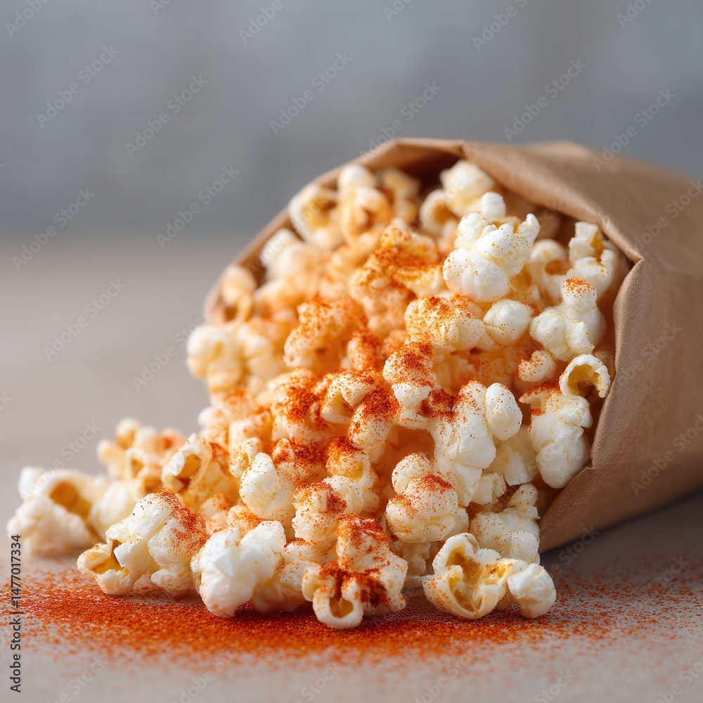 Poster a paper bag spills popcorn coated with reddish seasoning onto a neutral surface, creating a tasty an