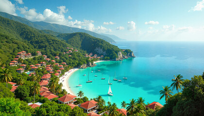 Obraz premium Panoramic view of a tropical hillside village by a turquoise bay with sailboats, vibrant serenity and travel inspiration.
