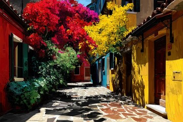 Naklejka premium Vibrant alleyway in a colorful neighborhood showcasing blooming flowers during midday