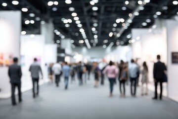 Blurred view of a busy art exhibition hall filled with visitors looking at artwork displayed in a modern, bright, and spacious environment.