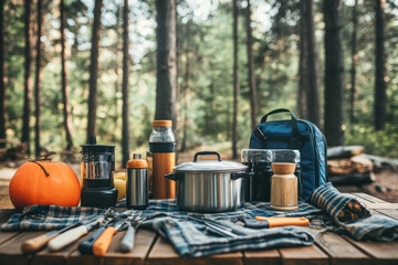 Fototapeta premium Summer Picnic Setup in the Woods. A table is set for an outdoor picnic in the forest, perfect for a summer adventure with cooking and dining supplies.