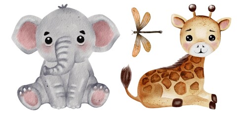 Cute giraffe and elephant watercolor designs for playful textile patterns and prints