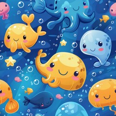 seamless pattern of adorable cartoon marine animals, colorful seaweed and coral, pastel background