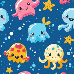 seamless pattern of adorable cartoon marine animals, colorful seaweed and coral, pastel background