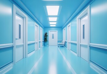 Obraz premium Hospital corridor with blue walls, white doors, bench, and paintings.