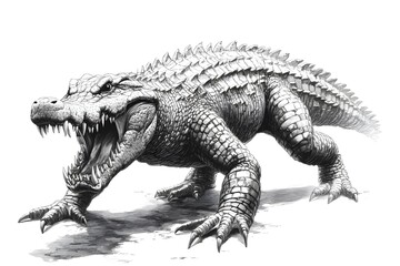 Fototapeta premium Pencil drawing of an angry, fierce and vicious crocodile, showing its fangs from a side view, white background