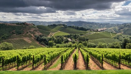 Fototapeta premium Serene Vineyard Landscape under Dramatic Sky