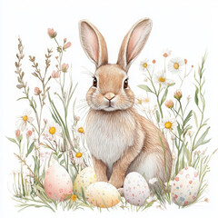 Cute bunny feels joyful and content surrounded by easter eggs and flowers