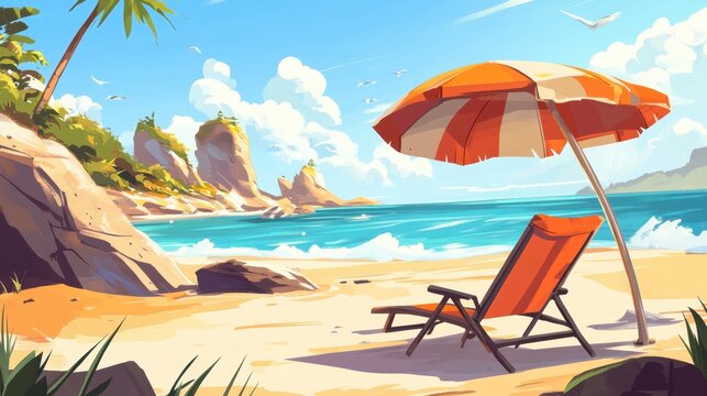 Sunny beach scene with umbrella and chair illustration of tropical paradise with ocean view and coastal cliffs on a bright day - Powered by Adobe