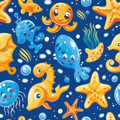 seamless pattern of adorable cartoon marine animals, colorful seaweed and coral, pastel background