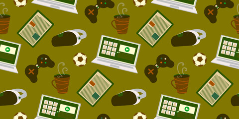 Man concept design notebook, tablet, soccer ball, coffee cup, video game controller, gamepad and virtual reality glasses seamless pattern. Fathers day background. Flat style vector illustration